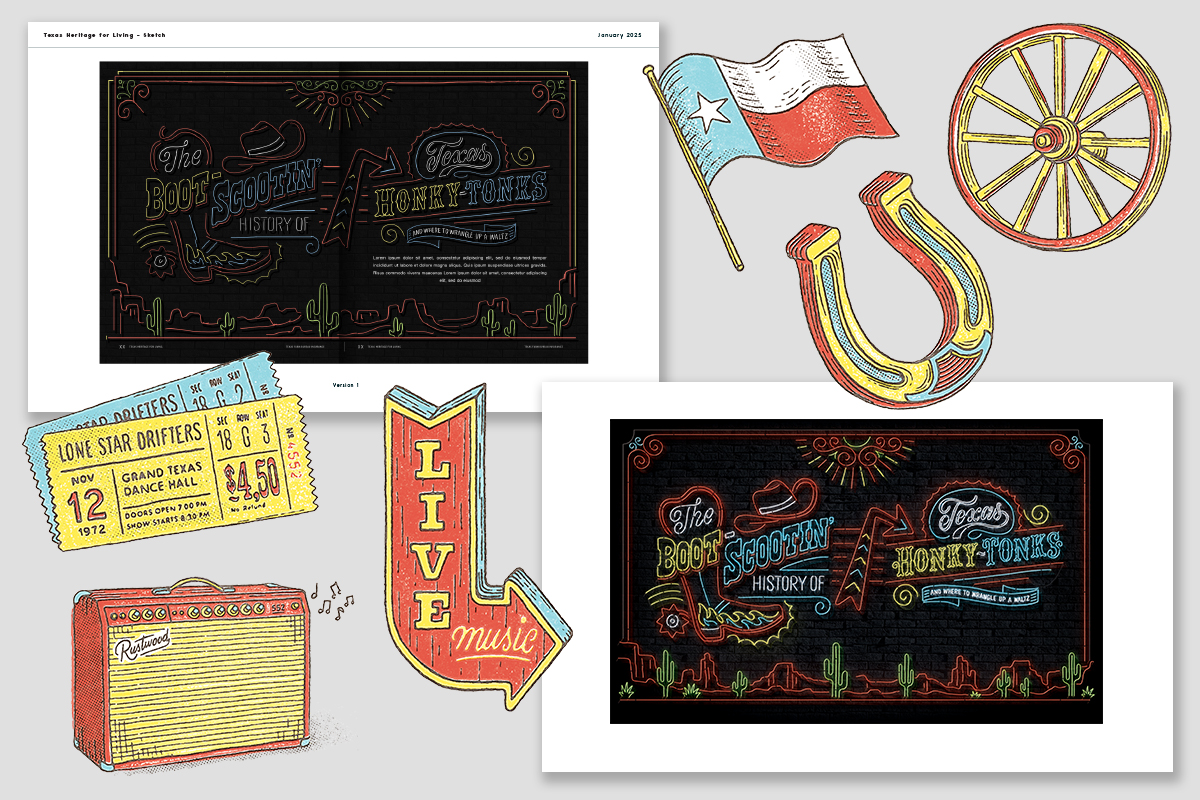 Sketches for Joao Neves artwork in Texas Heritage for Living magazine