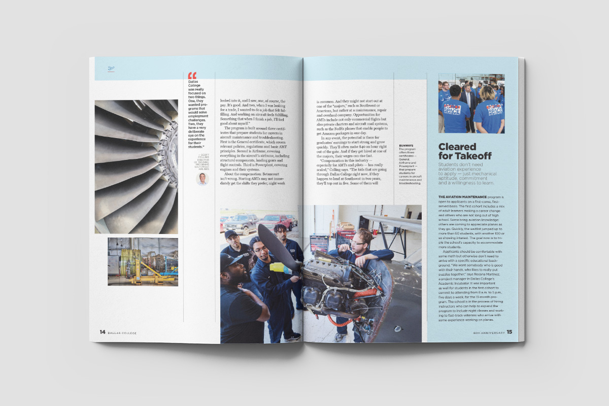 Dallas College 60th anniversary magazine aviation feature spread