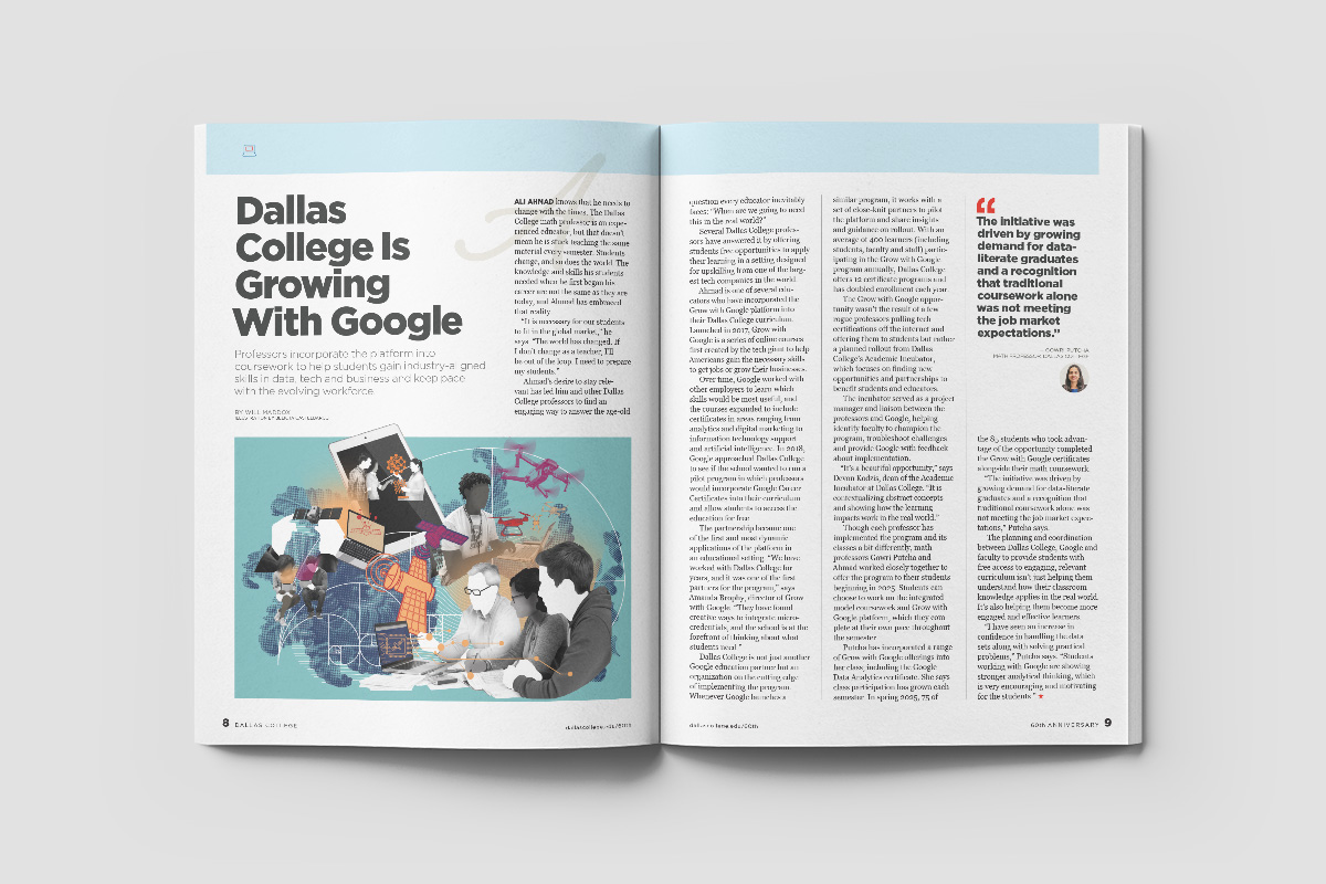 Dallas College 60th anniversary magazine Google feature spread