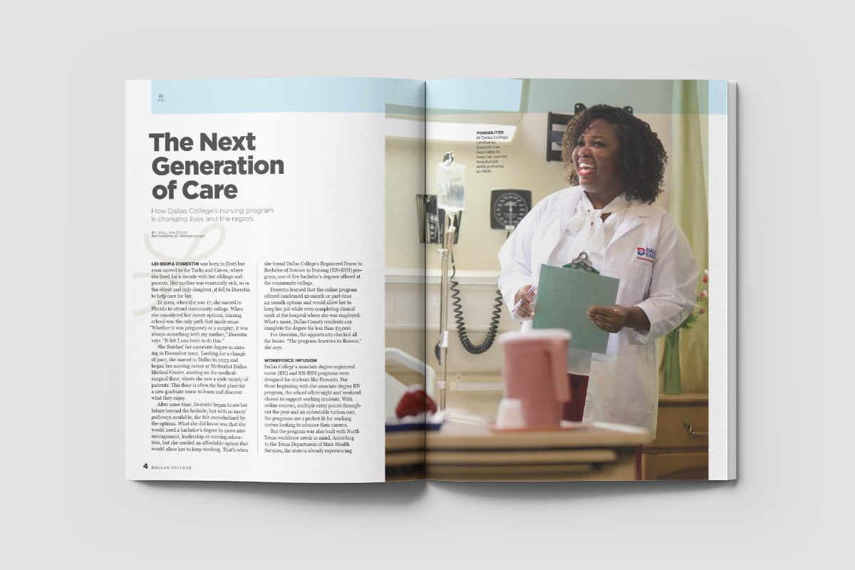 Dallas College 60th anniversary magazine nursing feature spread