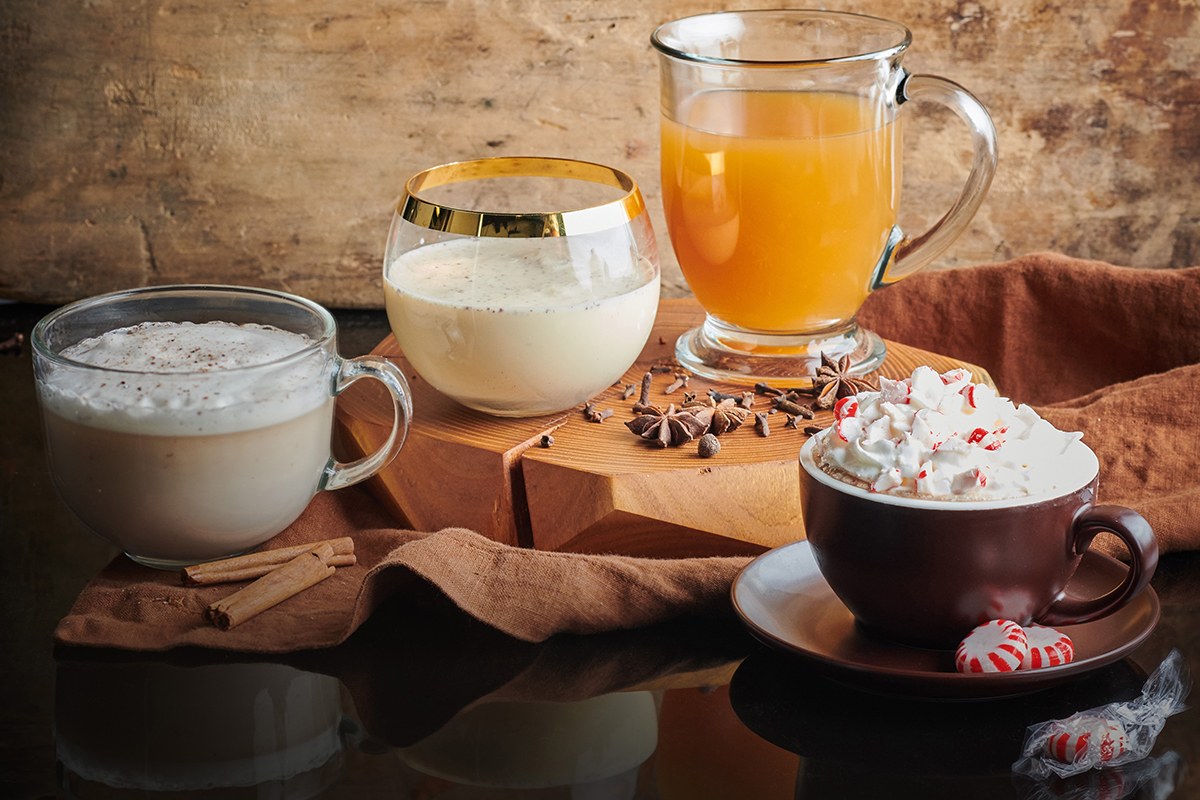 Still life of hot chocolate and other cold weather drinks