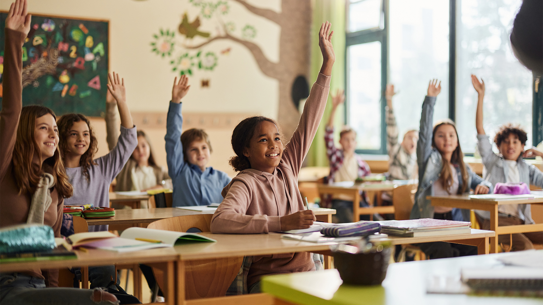 Students raising their hands in class